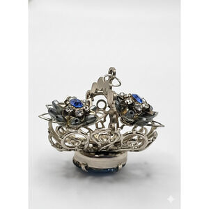 Vintage 1950s Silver Tone Flower Basket Pendant Blue Rhinestones Filigree RARE